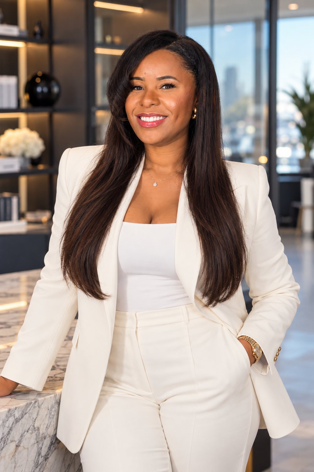 Alesha Taylor in a white suit
