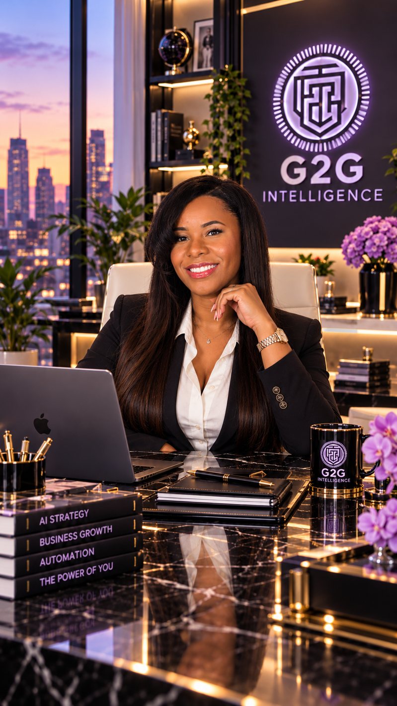 Alesha Taylor at her desk beneath the G2G Intelligence sign